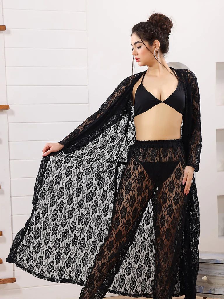 Pretty Wrap 4-Pieces Net Nightwear For Girls and Women - BLACK