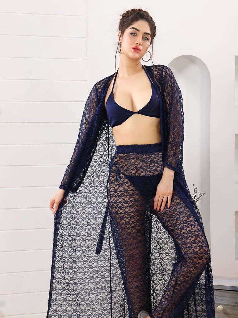 Pretty Wrap 4-Pieces Net Nightwear For Girls and Women - BLUE