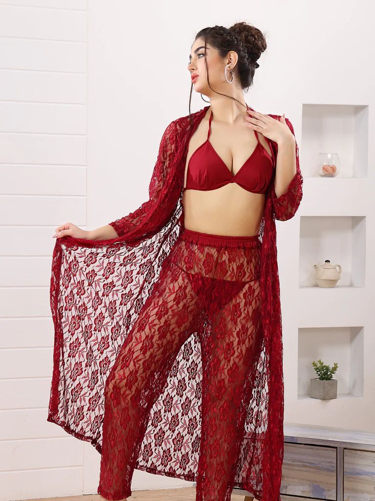 Pretty Wrap 4-Pieces Net Nightwear For Girls and Women - MAROON