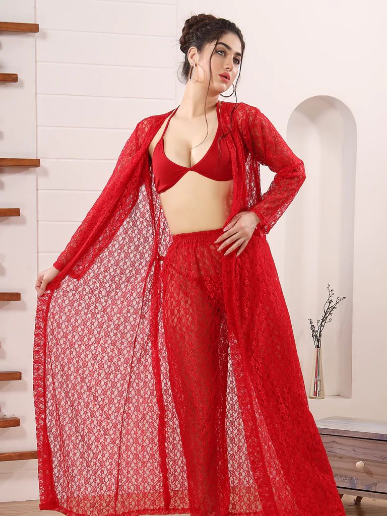 Pretty Wrap 4-Pieces Net Nightwear For Girls and Women - RED