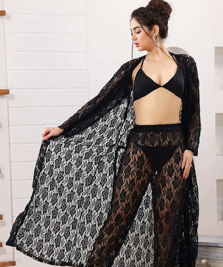 Pretty Wrap 4-Pieces Net Nightwear For Girls and Women - BLACK