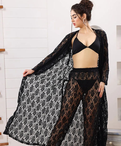 Pretty Wrap 4-Pieces Net Nightwear For Girls and Women - BLACK