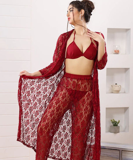 Pretty Wrap 4-Pieces Net Nightwear For Girls and Women - MAROON
