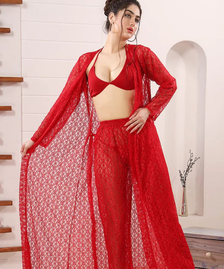 Pretty Wrap 4-Pieces Net Nightwear For Girls and Women - RED